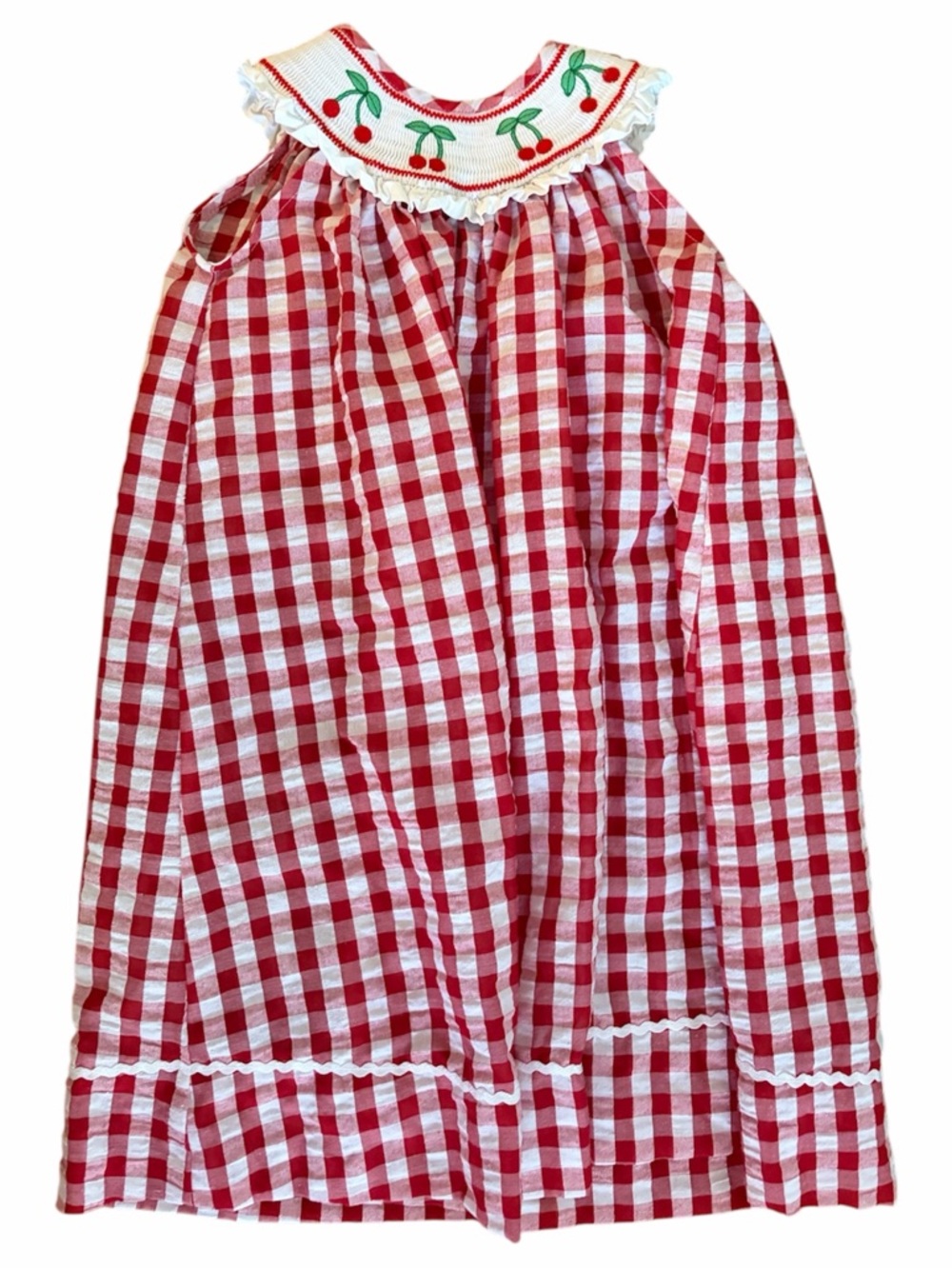 Cactus Red and White Gingham Dress with Cherry Embroidery
